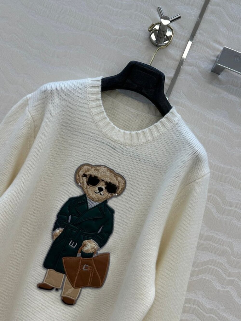 Polo Ralph Lauren Cream White Fancy Trench Coat Bear Embroidery Crewneck Sweater - Picture 3 of 7